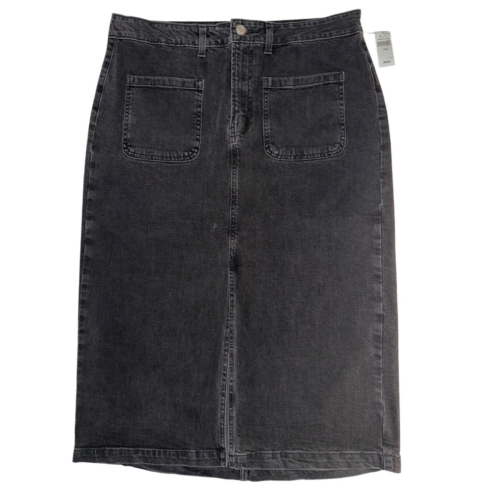 Gap Denim Midi Skirt Washed Black Wash Patch Pocket Pleated Vent size 14 NEW